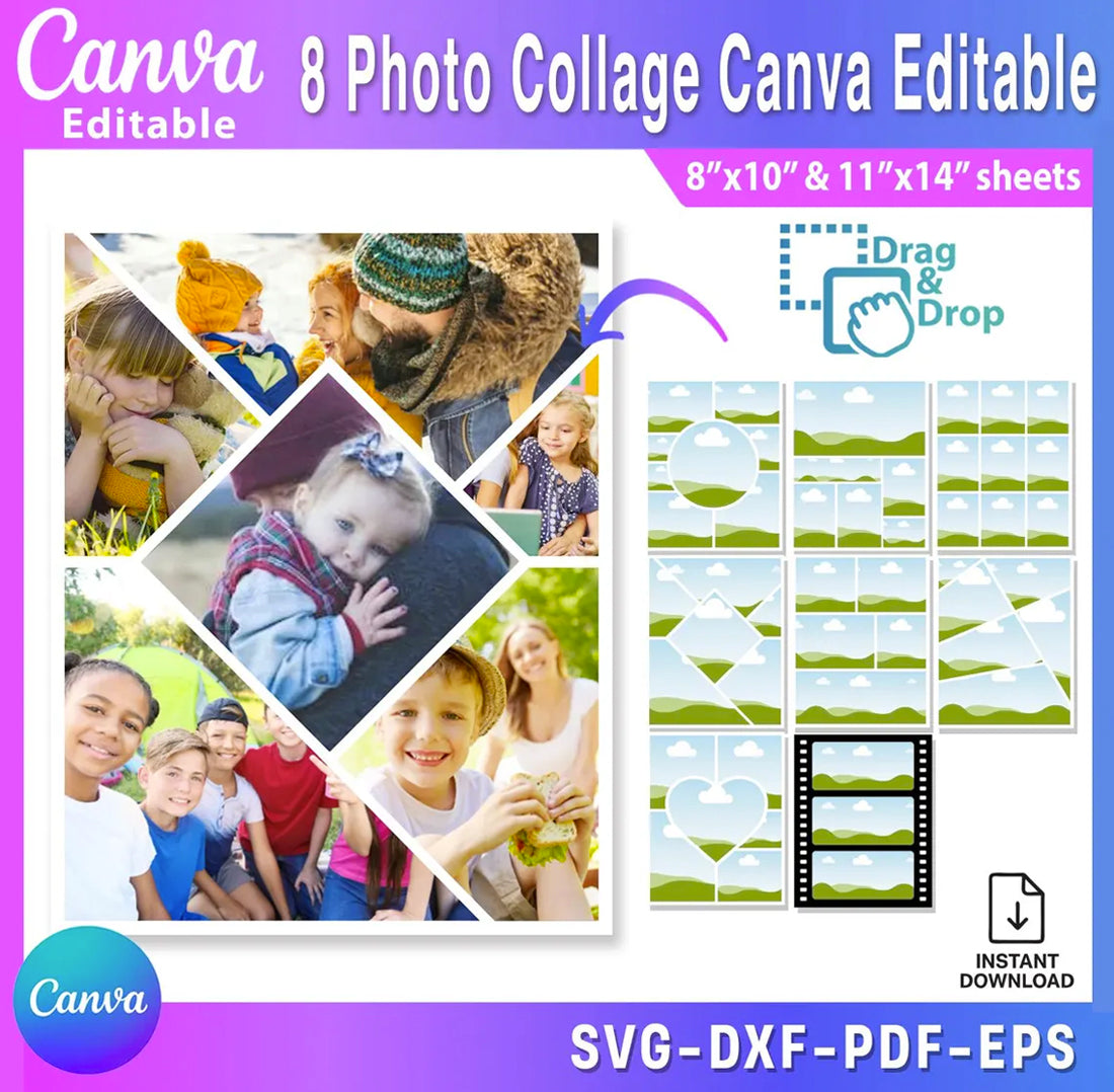8 Photo Collage Canva Template Editable, Family Picture Frame, Printable Wall Art, Gift for Mom, 8x10 11x14 Download
