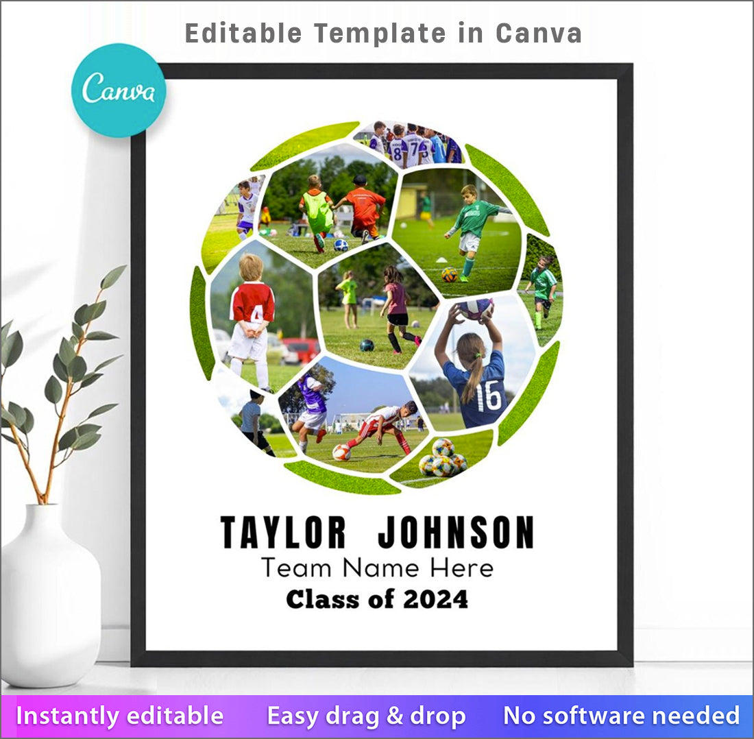 Soccer Photo Collage Canva Template | Soccer Ball Photo Collage | Coach Gift | Senior Night Poster
