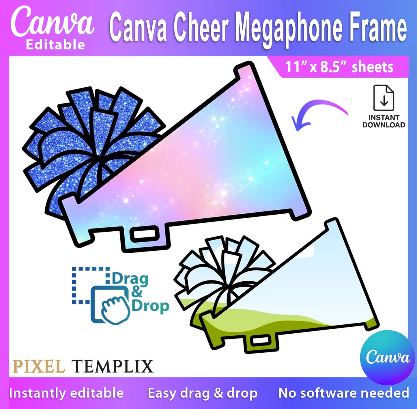 Canva Cheer Megaphone Frame | Cheerleading Photo Template | Cheer Team Gift & Senior Night
