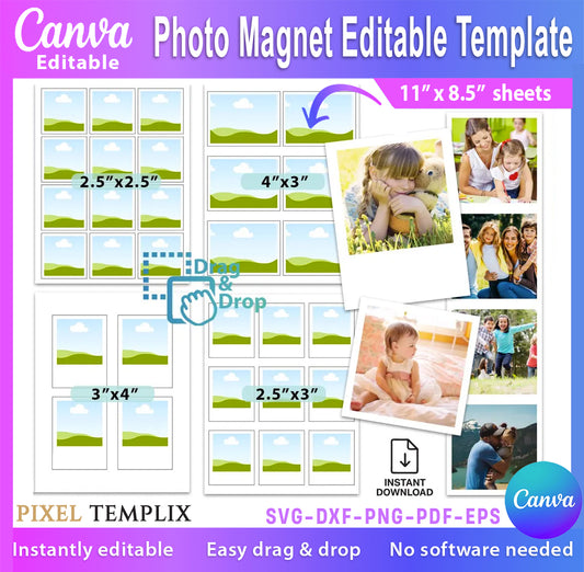 Photo Magnet Editable Canva Template | Polaroid Magnet | DIY Square Magnets | Drag & Drop Photo Collage