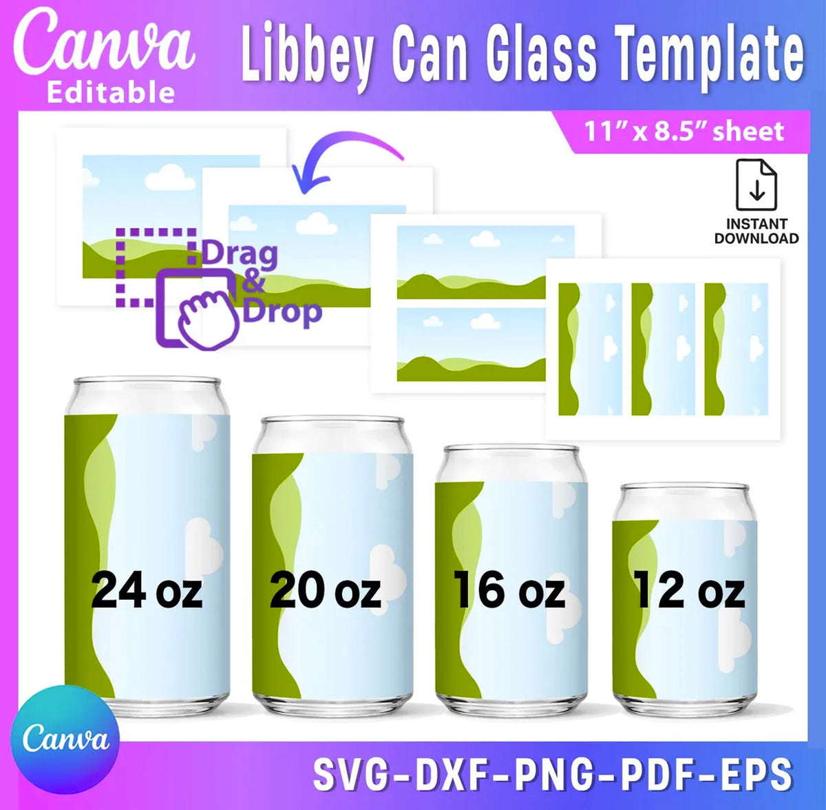 Libbey Can Glass Template Bundle | 12oz, 16oz, 20oz &amp; 24oz Can Glass Wrap Templates | Canva Editable