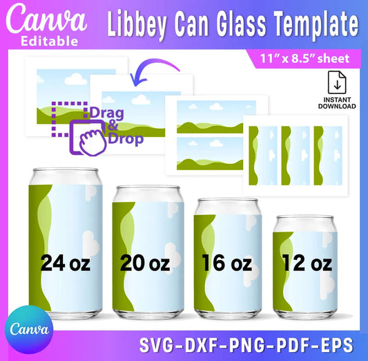 Libbey Can Glass Template Bundle | 12oz, 16oz, 20oz &amp; 24oz Can Glass Wrap Templates | Canva Editable