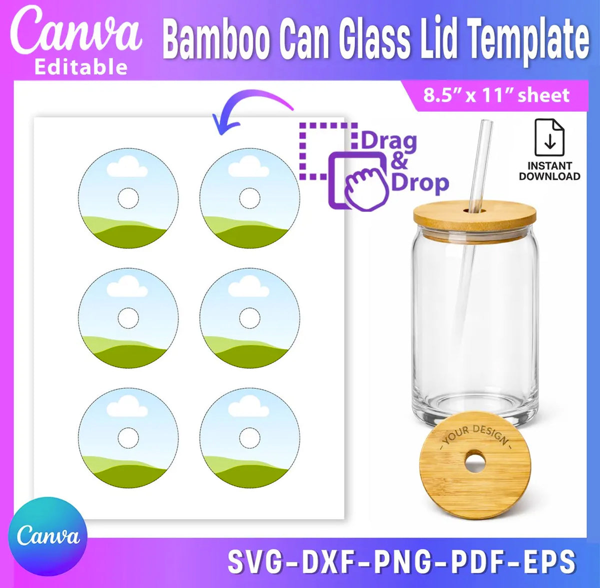 Canva Bamboo Can Glass Lid Template | Editable Drinkware Design – Instant Download