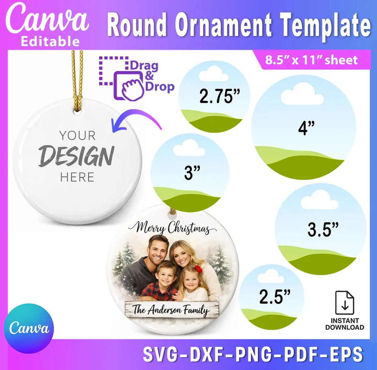 Round Ornament Canva Template Bundle | Editable Christmas Ornament – Instant Download