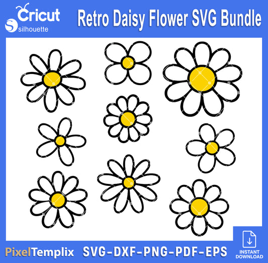 Retro Daisy Flower SVG Bundle | Boho Floral SVG PNG EPS DXF PDF Files for Cricut & Silhouette