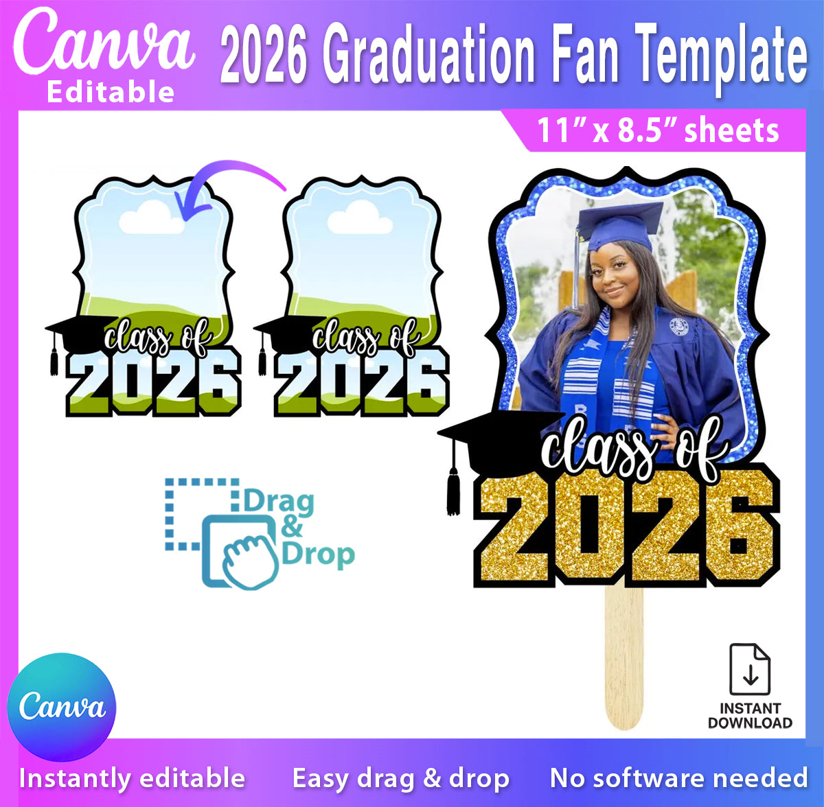 2026 Graduation Fan Template Canva Editable | Class of 2026 – Instant Download