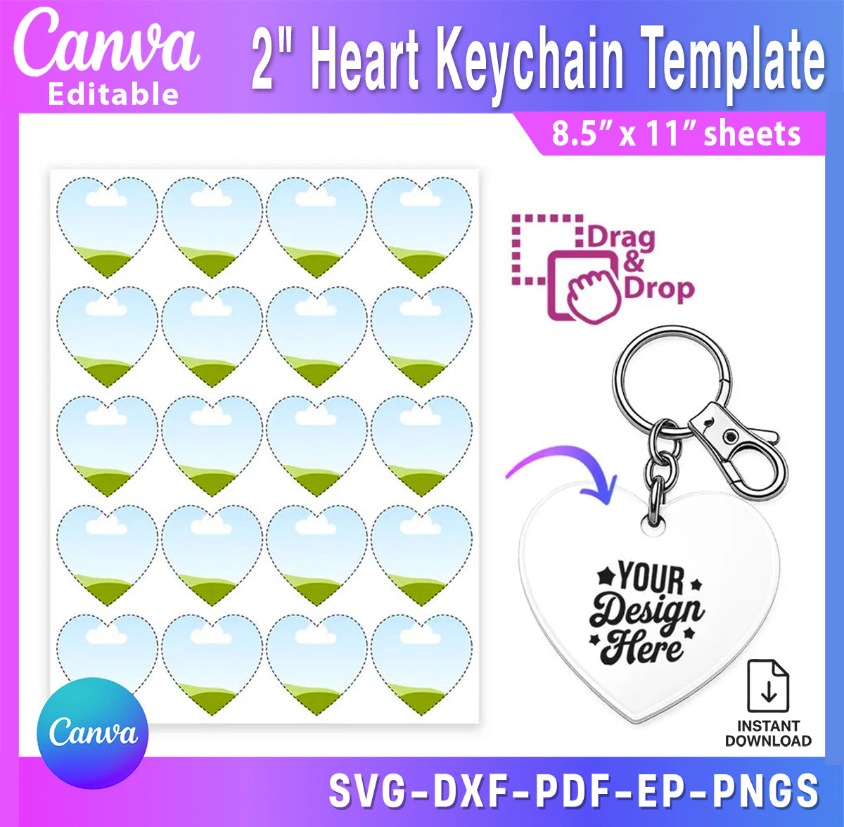 2" Heart Keychain Template Canva Editable | Printable Sublimation Heart Keychain Sheet Png Svg Pdf Jpg Eps