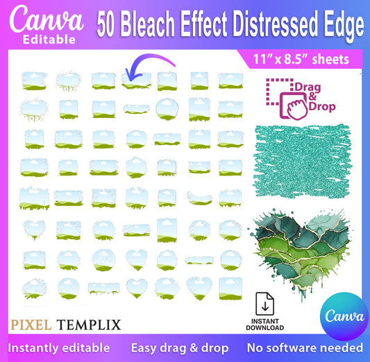50 Bleach Effect Distressed Edge Canva Frames Bundle | Drag & Drop Photo Templates | Editable Canva Bundle