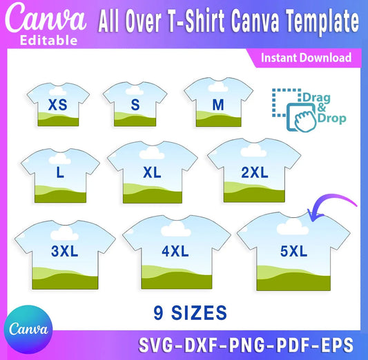 All Over T-Shirt Canva Template Bundle | 9 Sizes – Instant Download