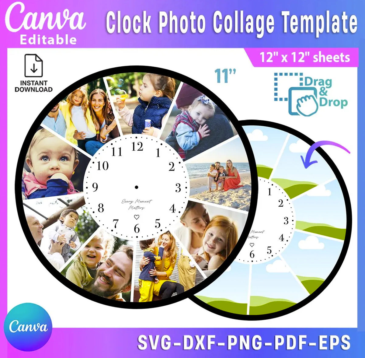 Clock Photo Collage Canva Template | Editable Memory Gift Design – Instant Download