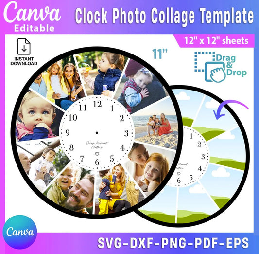 Clock Photo Collage Canva Template | Editable Memory Gift Design – Instant Download