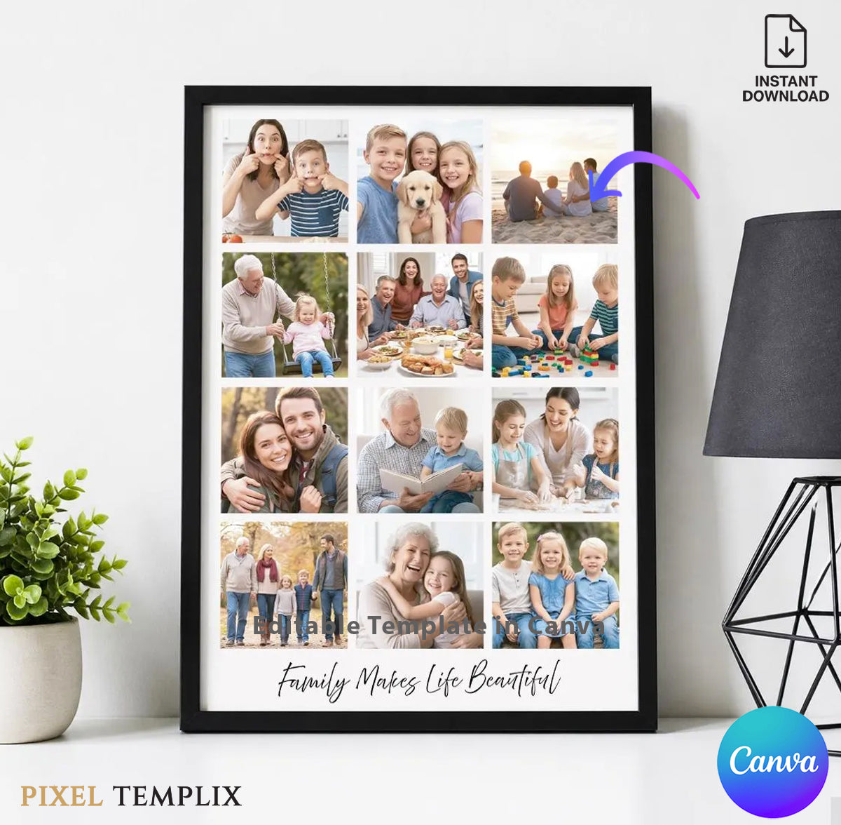 Family Photo Collage Template | 12 Photo Collage Frame | Editable Canva Family Picture Poster