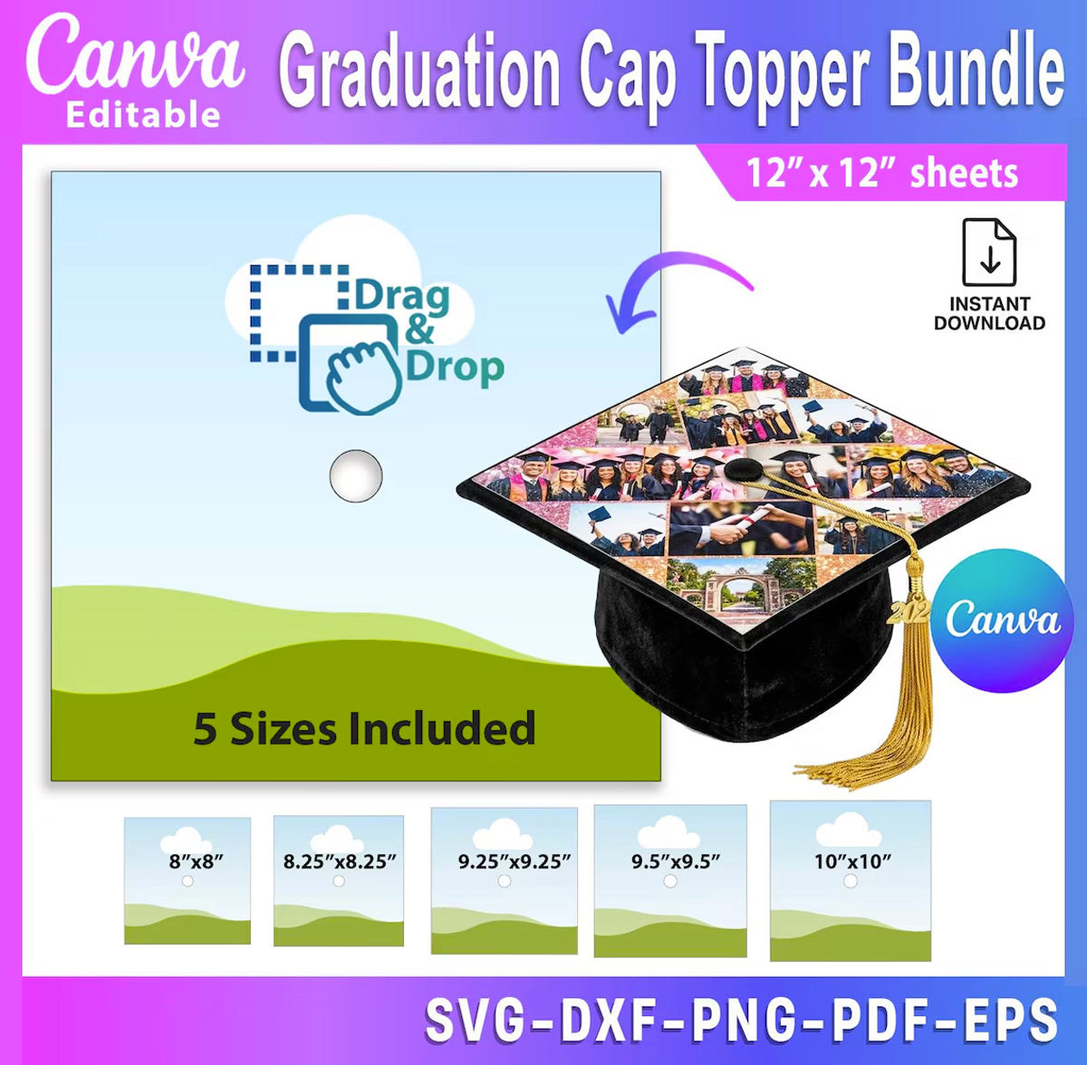 5 sizes Canva Graduation Cap Topper Bundle Template, Canva Editable Photo Collage Cap Topper,