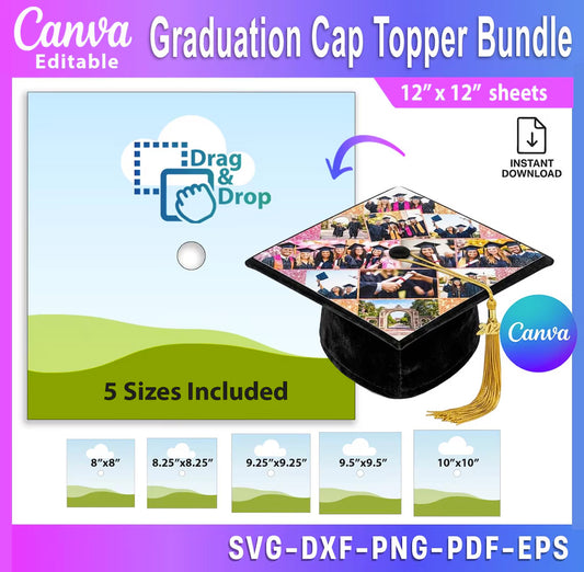 5 sizes Canva Graduation Cap Topper Bundle Template, Canva Editable Photo Collage Cap Topper,