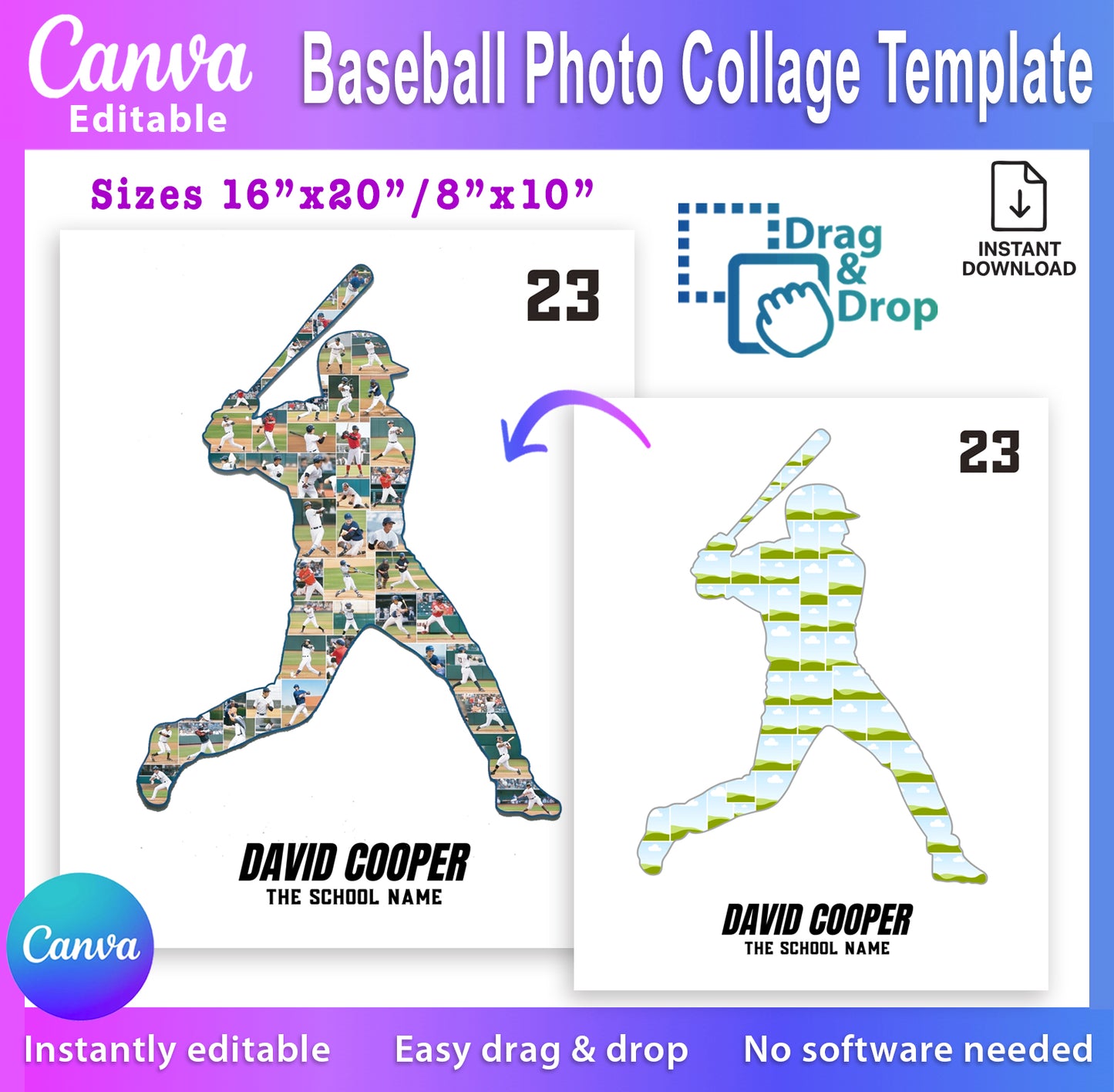 Baseball Photo Collage Template, Canva Editable Sports Picture Collage, Baseball Player Senior Night Gift