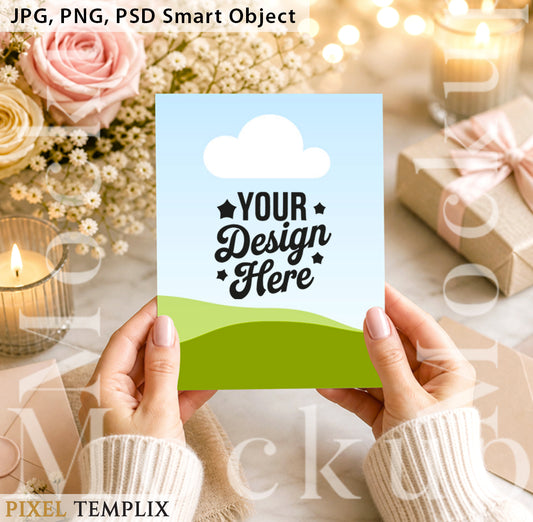 Hands Holding 5x7 Card Mockup | Floral Desk Scene – Instant Download