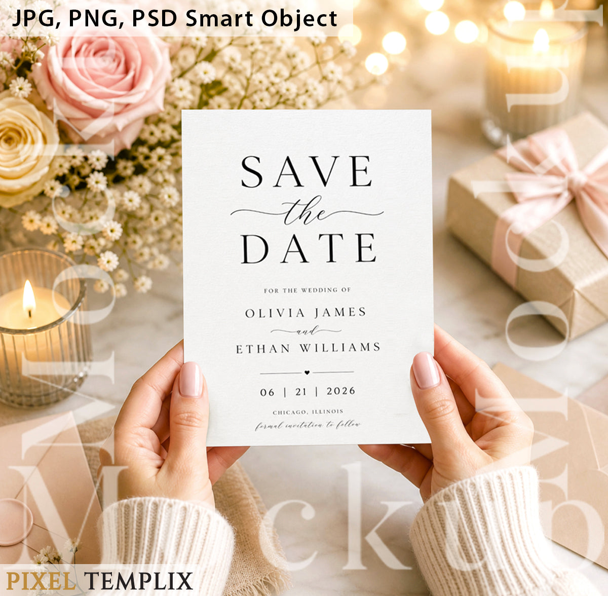 Hands Holding 5x7 Card Mockup | Floral Desk Scene – Instant Download