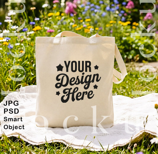 Canvas Tote Bag Mockup – Flower Garden | PSD & JPG Digital Download