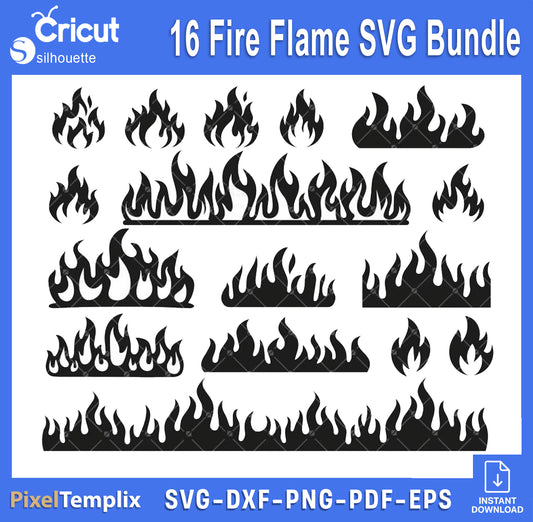 Fire Flame SVG Bundle | 16 Flame Designs | SVG DXF EPS PNG PDF | Cricut Silhouette | Instant Download