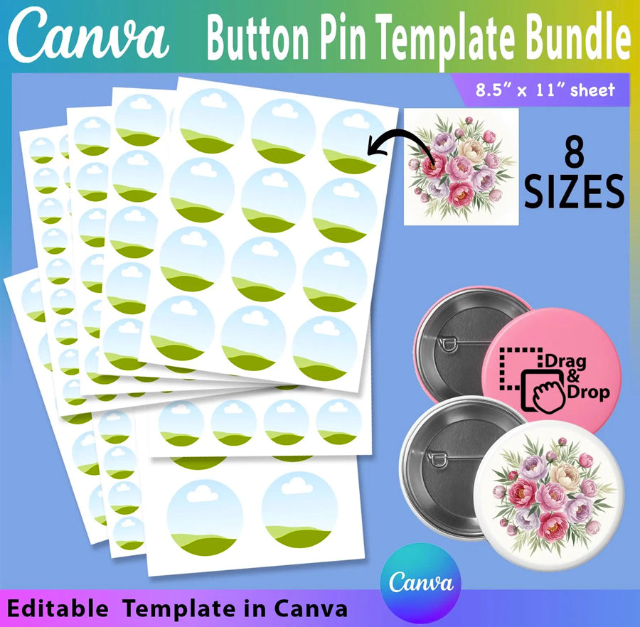 Button Pin Template BUNDLE, Canva Frame Button Pin, Badge Circle Labels, Custom Badge Circle